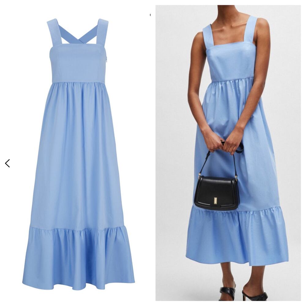 Boss Midi Dress Blue Stretch Twill Wide Crossover Straps Ruffle Skirt